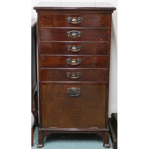 12 - An early 20th century stained oak music cabinet with five drawers over fall front compartment, 95cm ... 