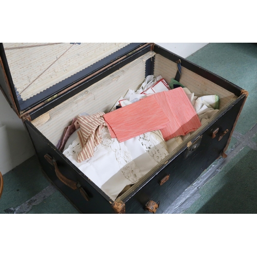 126 - A lot comprising 19th century leather dome topped travel trunk containing assorted linens, 62cm high... 