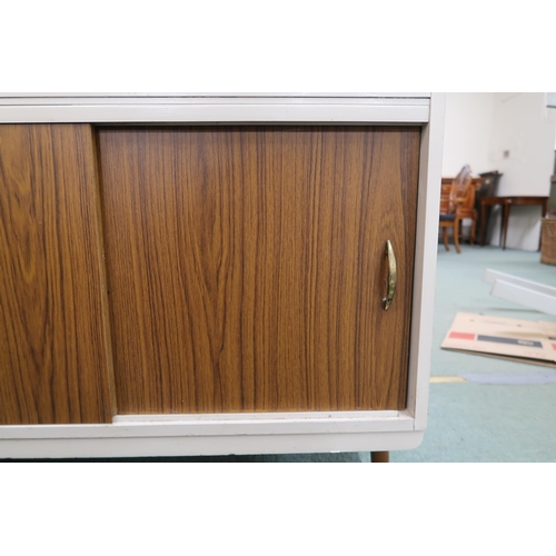 139 - A lot comprising a mid 20th century Formica kitchen cabinet with glass sliding doors over panel slid... 