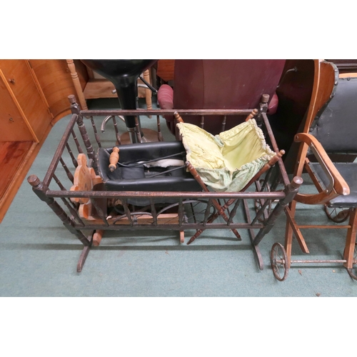 147 - A lot comprising 19th century rocking crib, child's rocking cradle, child's pram, sewing hamper, hig... 