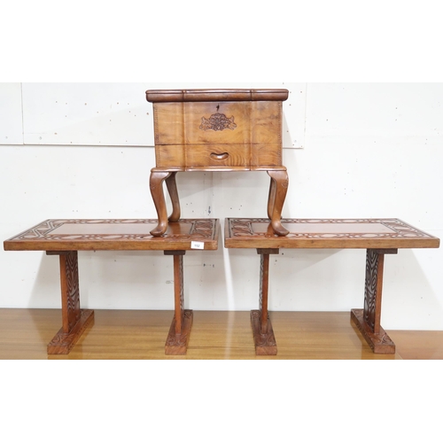 A lot comprising Indonesian hardwood sewing box and a pair of carved hardwood occasional tables (3)