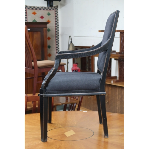 80 - A set of six contemporary ebonised Laura Ashley carver dining chairs with black wool upholstered bac... 