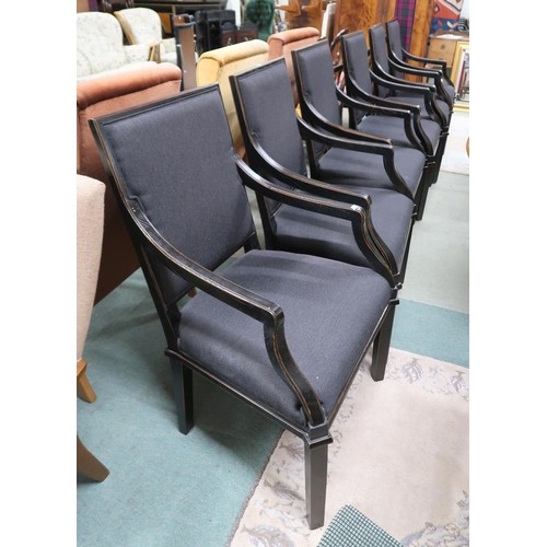 80 - A set of six contemporary ebonised Laura Ashley carver dining chairs with black wool upholstered bac... 