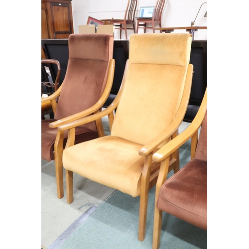 96 - A lot comprising three mid 20th century teak framed armchairs with velour upholstered seats, 105cm h... 