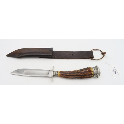 530 - An antler-handled hunting knife with continental silver mounts, the blade measuring approx. 15cm in ... 