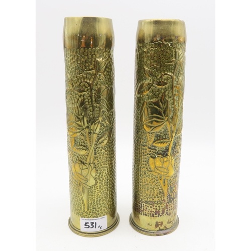 531 - A pair of WW1 trench art brass artillery shells, one dated 1917, the other indistinct, each approx. ... 