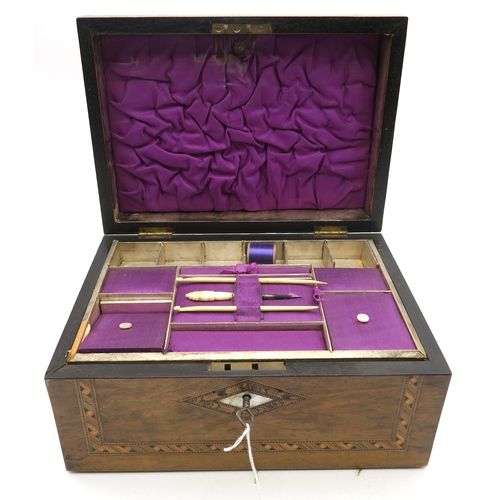 557 - A Victorian walnut sewing box, with Tunbridge-style geometric inlay, the interior lined in purple si... 