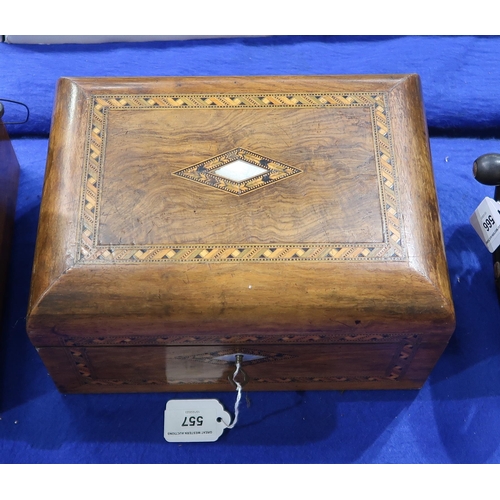 557 - A Victorian walnut sewing box, with Tunbridge-style geometric inlay, the interior lined in purple si... 