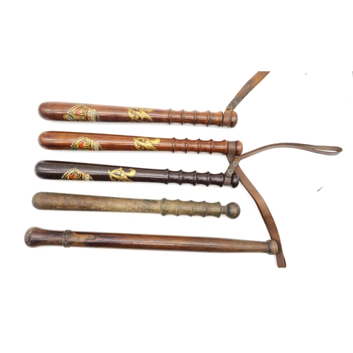 564 - Three George V policeman's truncheons, polychrome painted with crown and GR cipher, fitted with leat... 