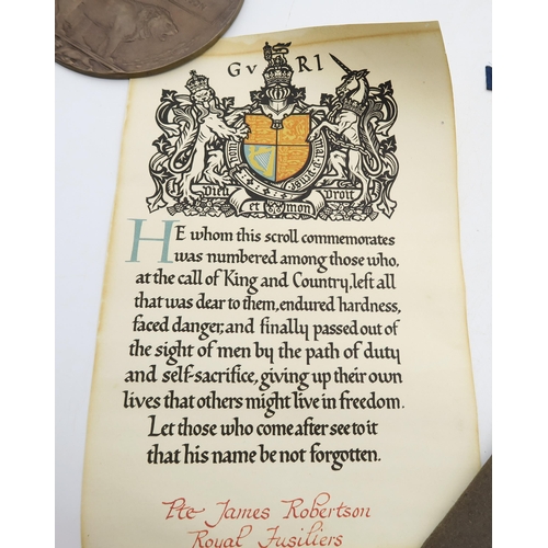 567 - A WW1 death plaque for Pte. James Robertson of the Royal Fusiliers, retaining accompanying scroll an... 