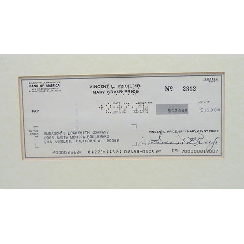 572 - Vincent Price: a signed Bank of America cheque, payable to Emerson's Locksmith Company, Santa Monica... 