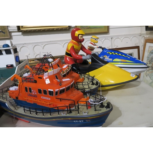 621 - Two R/C RNLI pond lifeboats, each measuring approx. 47cm from prow to stern, together with two R/C j... 