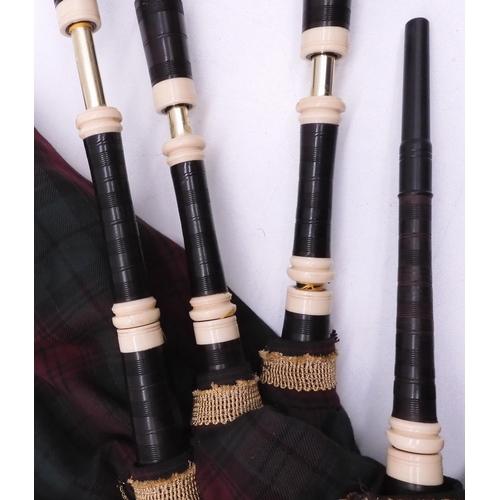 453 - BAGPIPES a set of Scottish mouthblown small pipes ivorine mounted