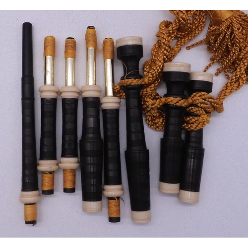 453 - BAGPIPES a set of Scottish mouthblown small pipes ivorine mounted