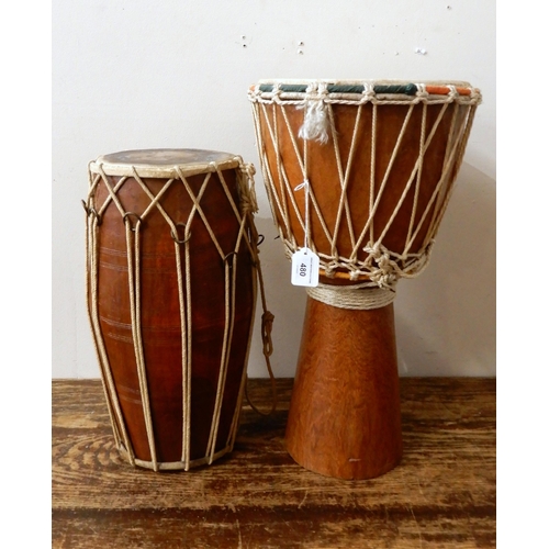 480 - African djembe drum together with a South Asian dhol  double-sided barrel drum