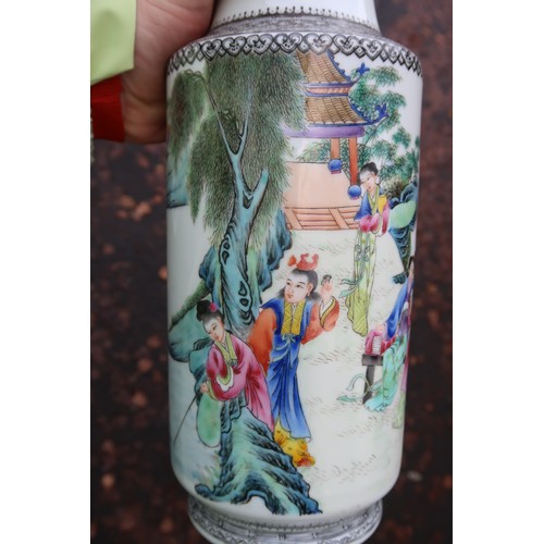 320 - A Chinese  rouleau vase, decorated with ladies and court figures within a pavilion, one fishing, wit... 