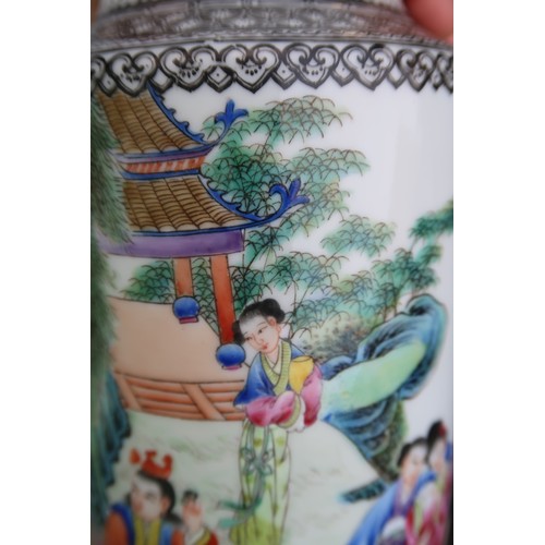 320 - A Chinese  rouleau vase, decorated with ladies and court figures within a pavilion, one fishing, wit... 