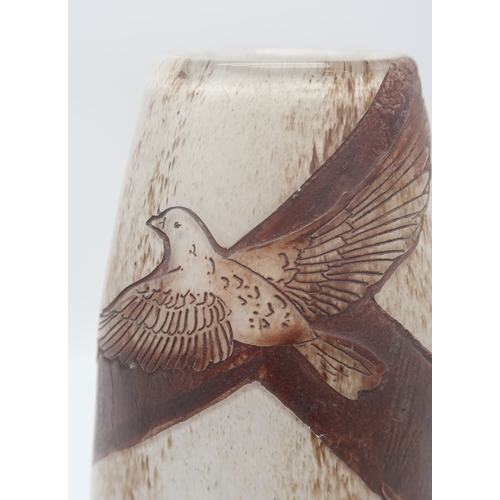 2166 - A LEGRAS ART DECO GLASS VASEcirca 1925, the mottled glass body with acid etched bird design 38cm hig... 