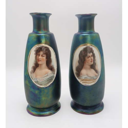 2167 - A PAIR OF CONTINENTAL LUSTRE POTTERY VASESeach with a transfer print of a maiden, 35cm high, togethe... 