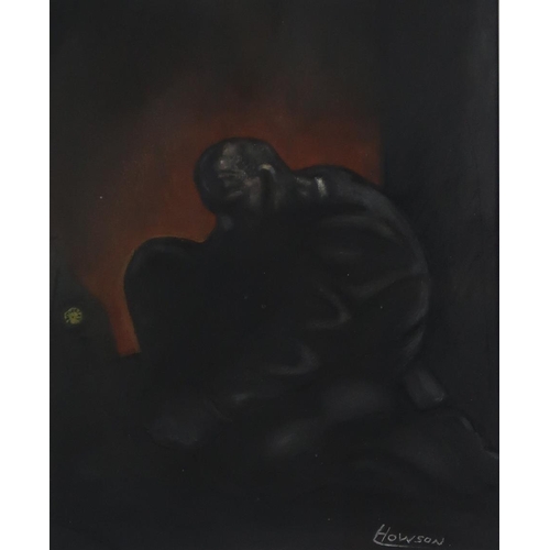 971 - PETER HOWSON OBE (BRITISH B.1958) CROUCHING FIGURE Mixed media on black paper, signed lowe... 