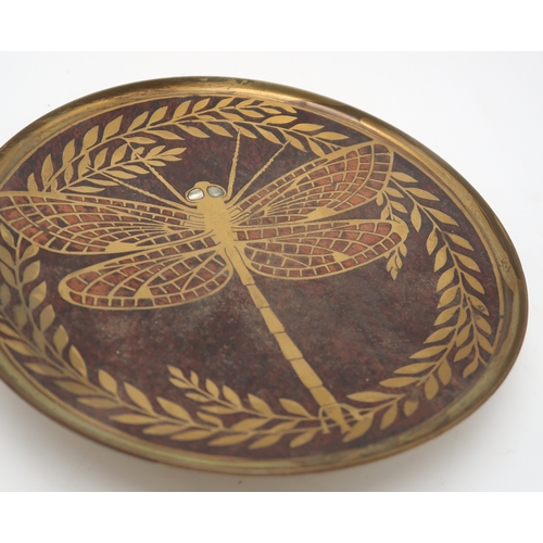 2170 - AN ERHARD & SONS ART NOUVEAU WOOD AND BRASS INLAID DISHdecorated with a dragonfly with mother of... 