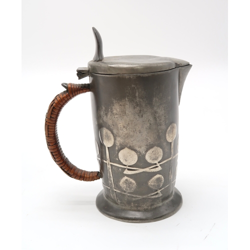 2172 - ARCHIBALD KNOX (1864-1933) DESIGN HOT WATER JUGwith stylised decoration and wicker handle, the base ... 