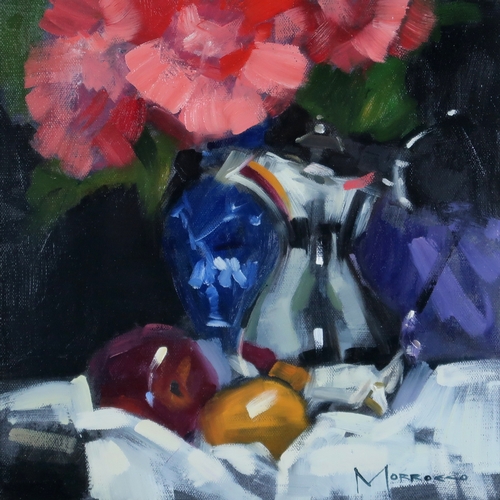 2958 - JACK MORROCCO (SCOTTISH CONTEMPORARY)PINK CAMELIAS AND SILVER POT (2018)Oil on canvas, signed lower ... 