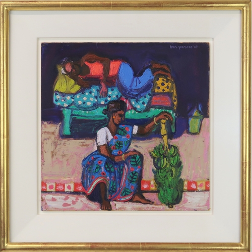 2961 - LEON MORROCCO RSA RGI (SCOTTISH B.1942)WOMAN WITH BANANASOil on panel, signed upper right, dated (20... 