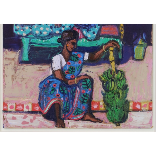 2961 - LEON MORROCCO RSA RGI (SCOTTISH B.1942)WOMAN WITH BANANASOil on panel, signed upper right, dated (20... 