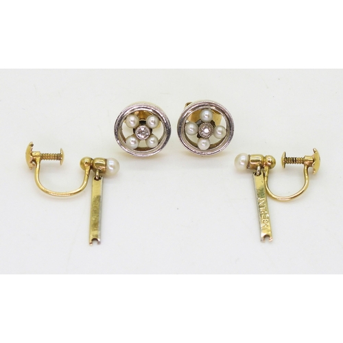 798 - A pair of 15ct and platinum pearl and diamond earrings, Now converted to stud earrings, the original... 