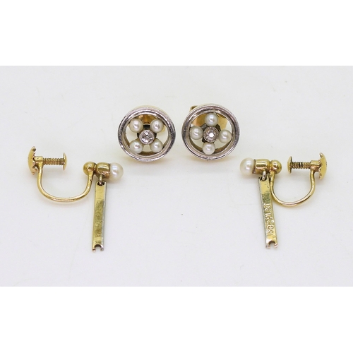 798 - A pair of 15ct and platinum pearl and diamond earrings, Now converted to stud earrings, the original... 