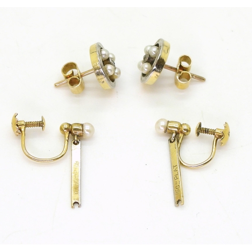 798 - A pair of 15ct and platinum pearl and diamond earrings, Now converted to stud earrings, the original... 