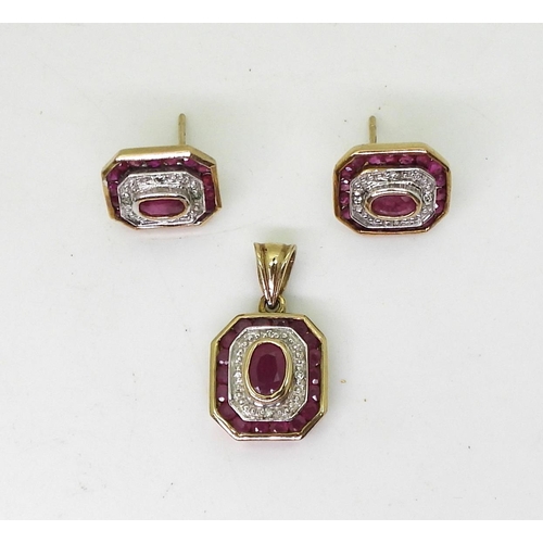 800 - Ruby and diamond set, comprising of a pendant with matching earrings set with oval rubies and diamon... 