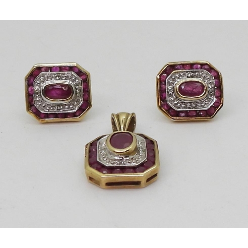 800 - Ruby and diamond set, comprising of a pendant with matching earrings set with oval rubies and diamon... 