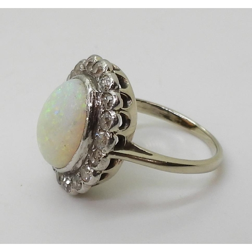 801 - A white opal & diamond cluster ring, mounted in white metal, set with a central oval cabochon op... 