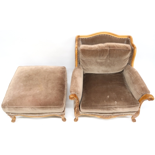 2082 - A CONTEMPORARY RALPH LAUREN OPEN ARCHAIR AND ACCOMPANYING OTTOMAN FOOTSTOOL both with mauve velvet u... 