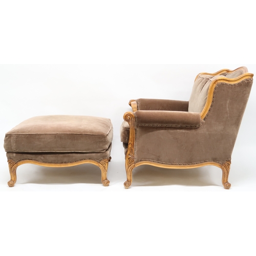 2082 - A CONTEMPORARY RALPH LAUREN OPEN ARCHAIR AND ACCOMPANYING OTTOMAN FOOTSTOOL both with mauve velvet u... 