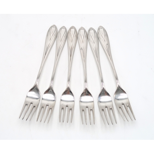 2464 - A SET OF SIX GERMAN ART NOUVEAU SILVER FORKS800 standard, the pointed stems of stylised form, with a... 