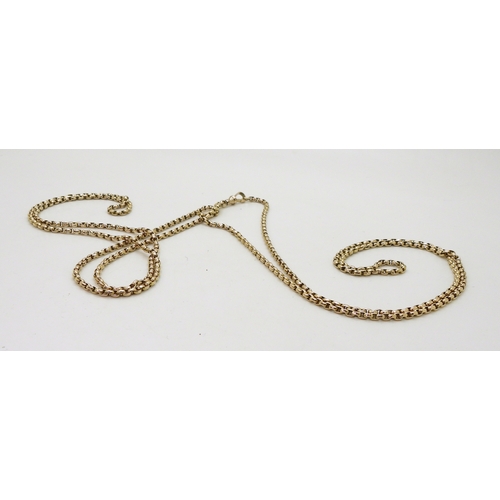 2708 - A 9CT GUARD CHAINthe long belcher chain, has a 9ct soldered on tag to the end of the chain, and also... 