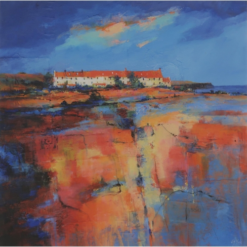 1000 - LIZ YULE (CONTEMPORARY SCHOOL) AUCHMITHIE COTTAGES Print on canvas, signed lower right, 40... 