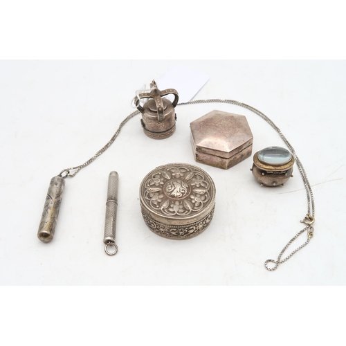 363 - A collection of silver and white metal, including a pill box stamped 925 in the form of a crown, ano... 