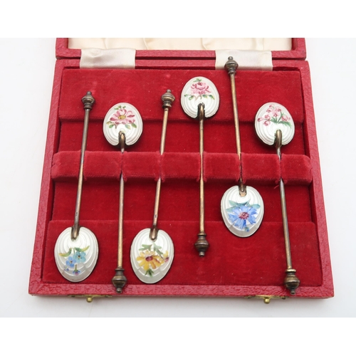 374 - A cased set of silver enamel flower spoons, by Adie Brothers Ltd, Birmingham 1955, enamelled with fl... 