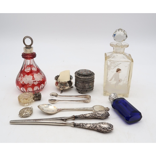 385 - A collection of silver and plate including silver topped cut glass scent bottles, including one by C... 