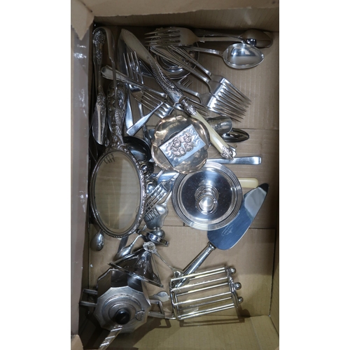 388 - A collection of EPNS including loose cutlery, chambersticks, ladles, hand mirrors etc