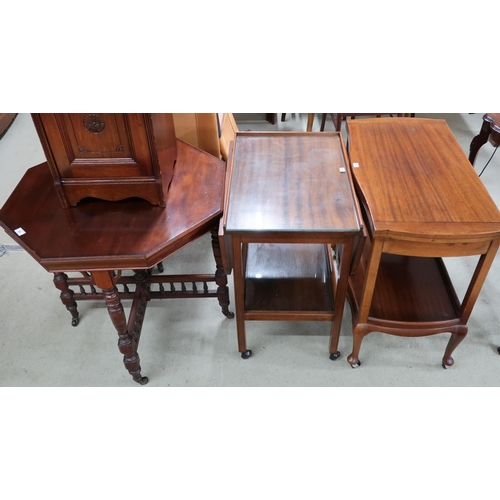 85 - A lot comprising 20th century mahogany octagonal window table, two assorted two tier tea trolleys an... 