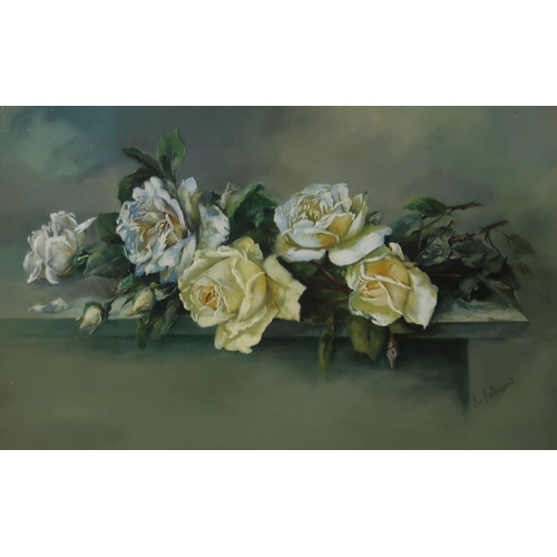 904 - ISA J LAMONT Roses on a shelf, signed, oil on board, 40 x 60cm