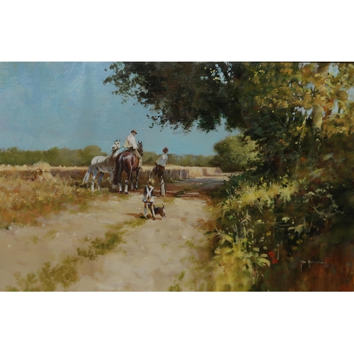 907 - JOHN HASKINS Figures and Shire horses at a field side,signed, oil on canvas, 50 x 76cm... 