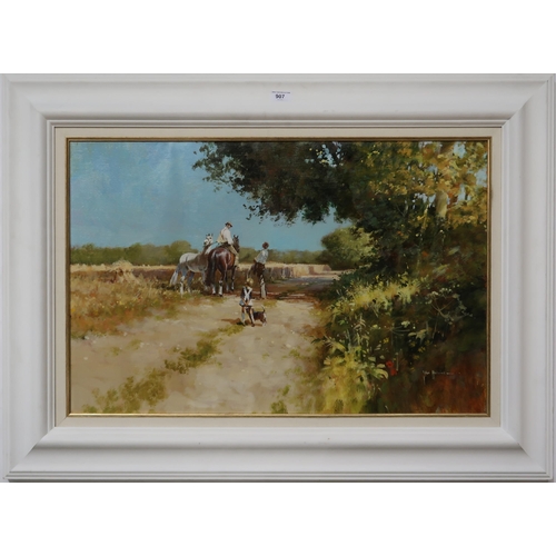 907 - JOHN HASKINS Figures and Shire horses at a field side,signed, oil on canvas, 50 x 76cm... 