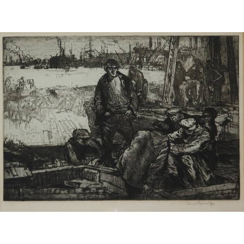 909 - SIR FRANK BRANGWYN Steel workers, signed, etching, 34 x 46cm