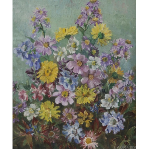 910 - LAURA KERR Mixed flowers, signed,oil on board, 5 x 40cm